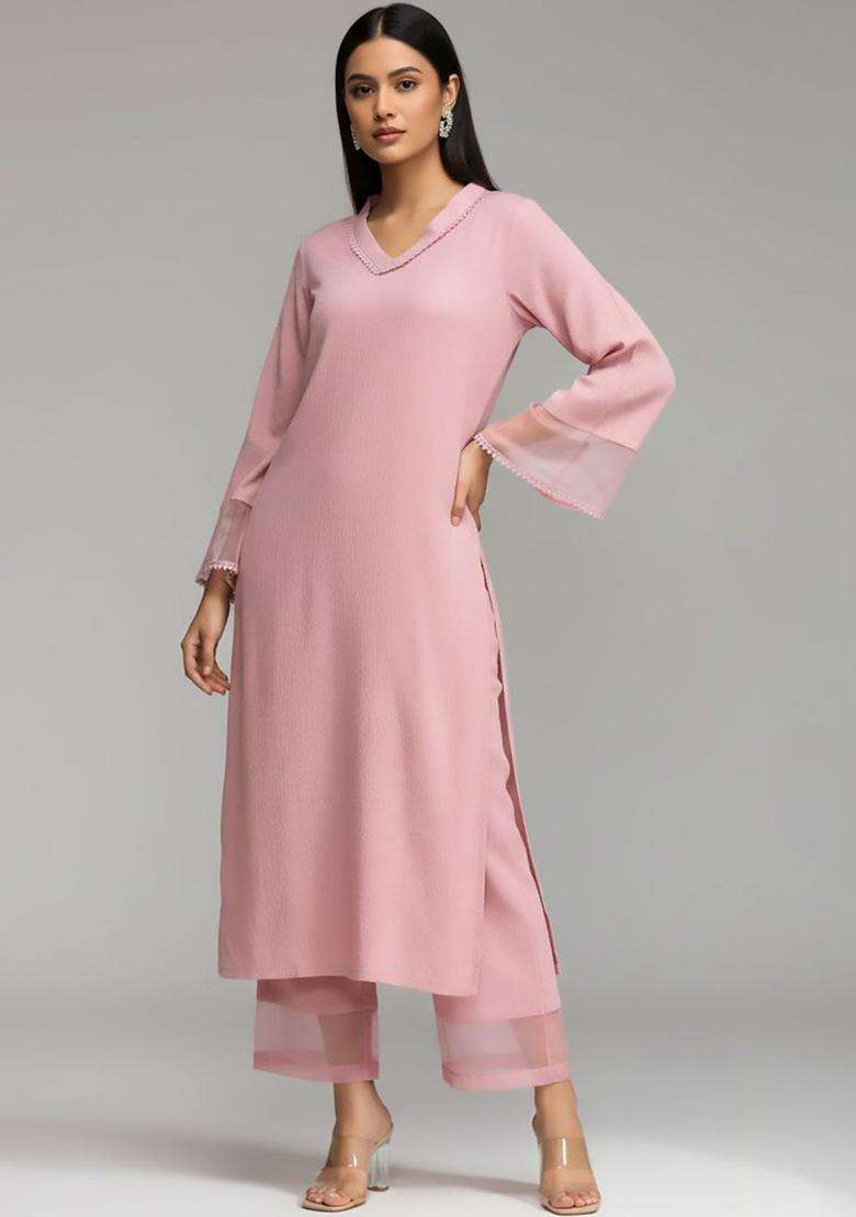 Pink Solid Silk Blend Kurta Set - Indya
