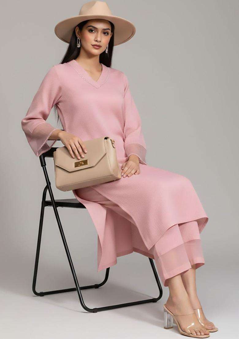 Pink Solid Silk Blend Kurta Set - Indya