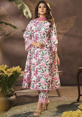 Off White Printed Silk Blend Kurta Set