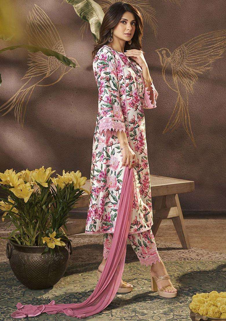 Off White Printed Silk Blend Kurta Set - Indya