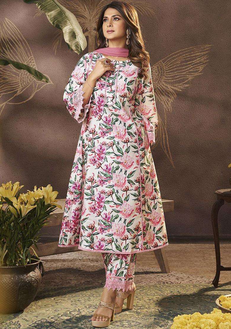 Off White Printed Silk Blend Kurta Set - Indya