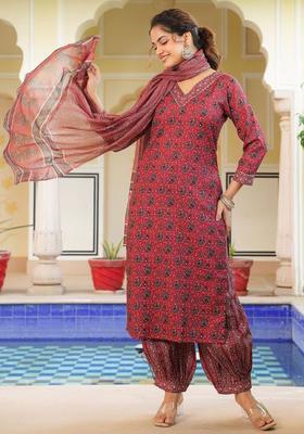 Red Printed Cotton Kurta Set
