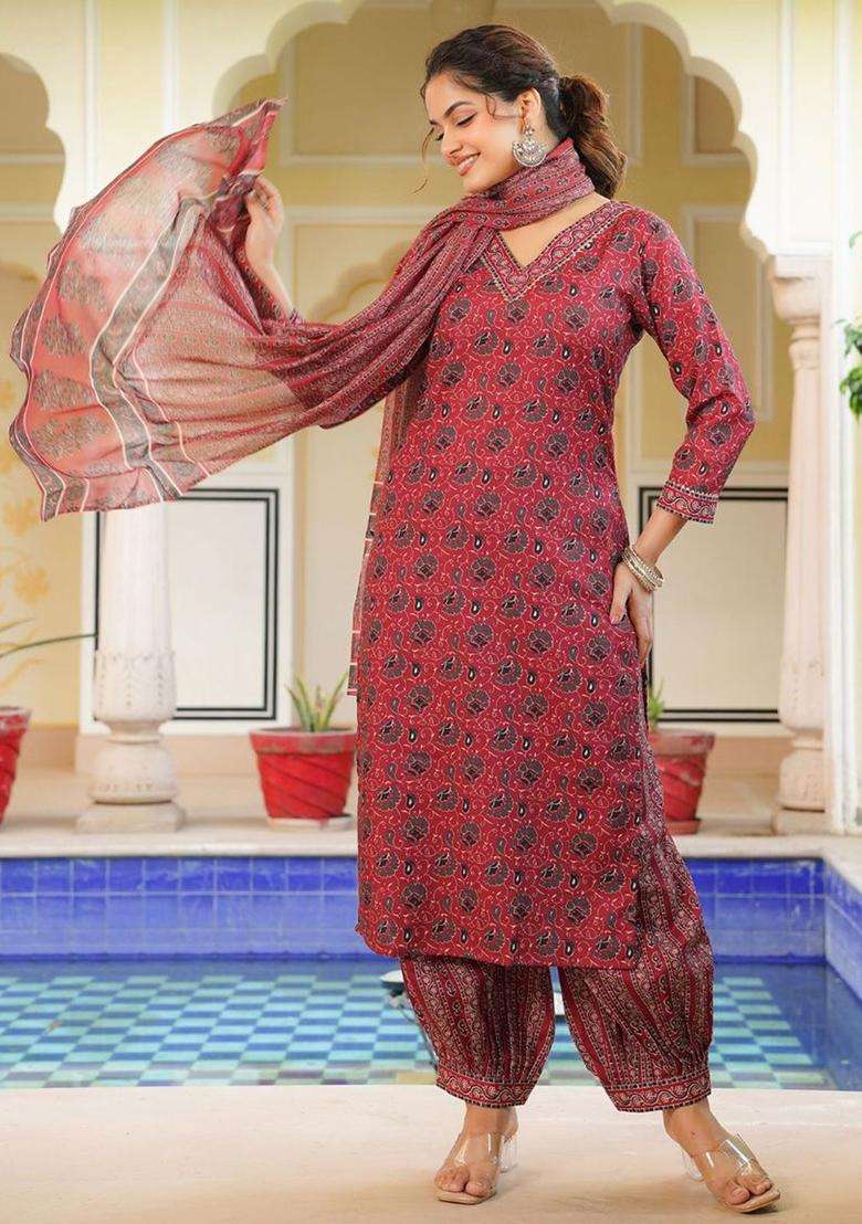 Red Printed Cotton Kurta Set - Indya