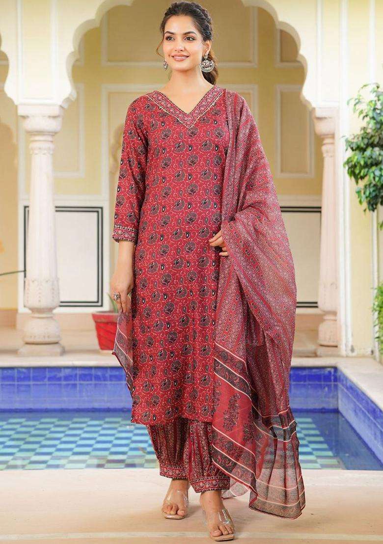 Red Printed Cotton Kurta Set - Indya