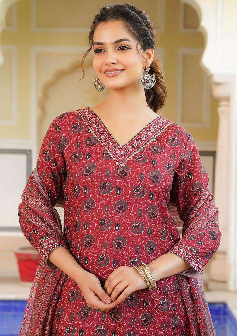 Red Printed Cotton Kurta Set - Indya