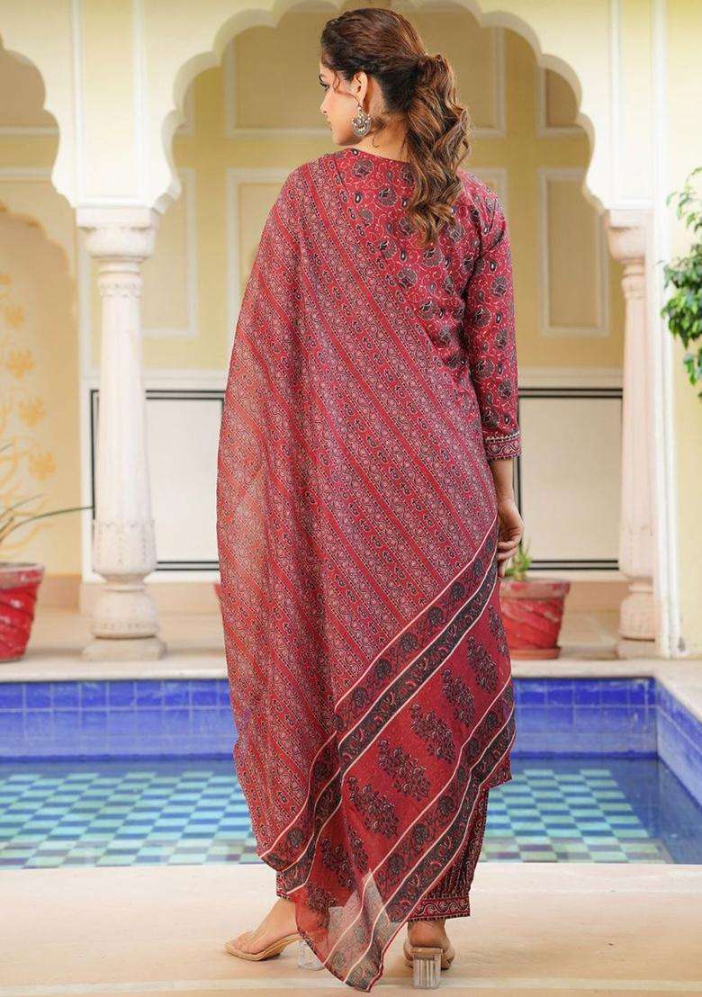 Red Printed Cotton Kurta Set - Indya
