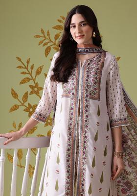 Off White Printed Polyester Kurta Set