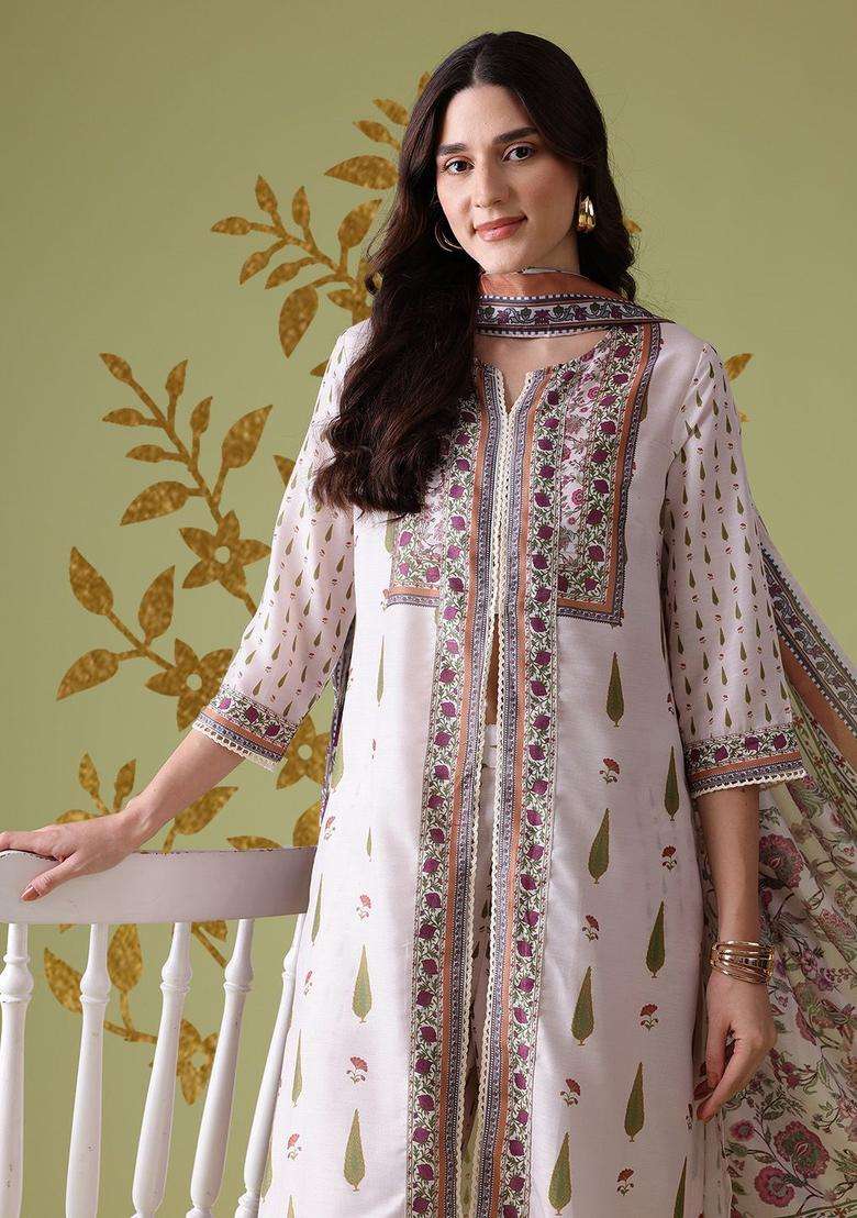 Off White Printed Polyester Kurta Set - Indya