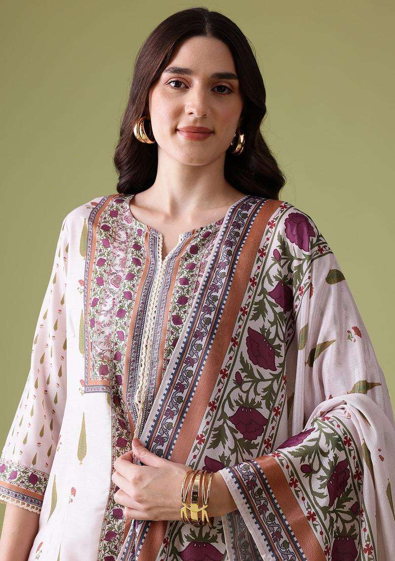Off White Printed Polyester Kurta Set - Indya