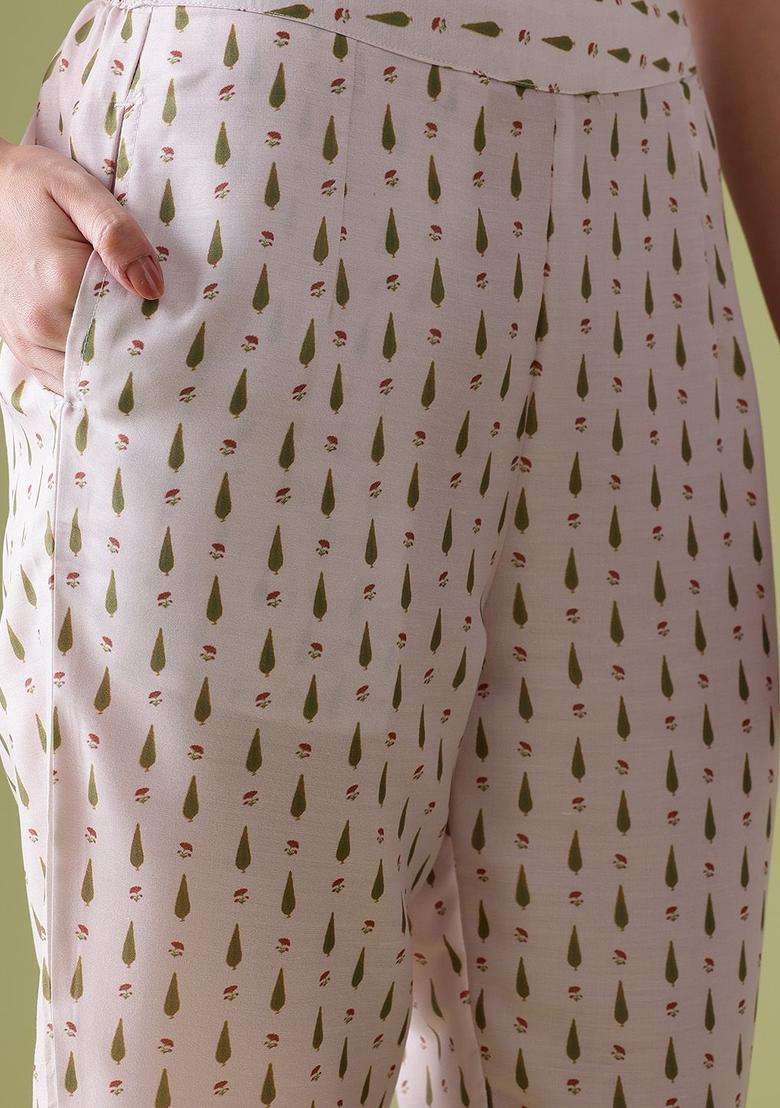 Off White Printed Polyester Kurta Set - Indya