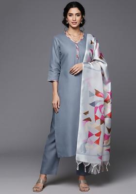 Grey Solid Cotton Kurta Set