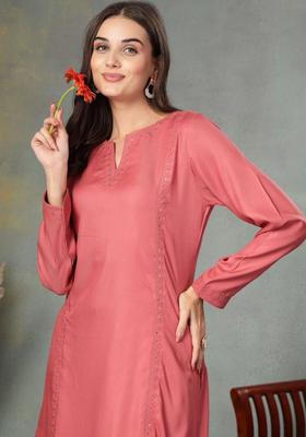 Pink Embroidered Viscose Kurta Set