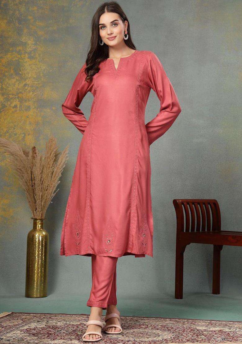 Pink Embroidered Viscose Kurta Set - Indya