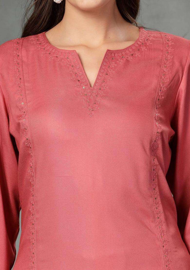 Pink Embroidered Viscose Kurta Set - Indya
