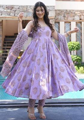 Purple Printed Viscose Kurta Set