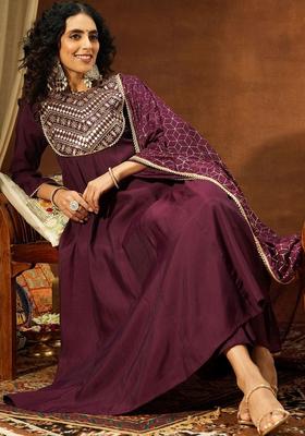 Purple Yoke Design Silk Blend Kurta Set