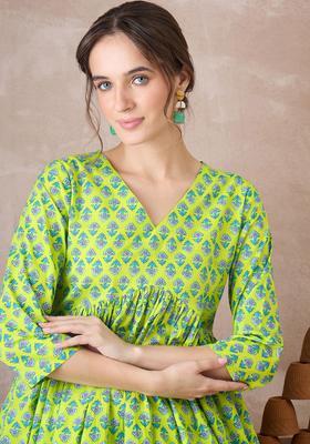 Lime Green Printed Cotton Kurta Set