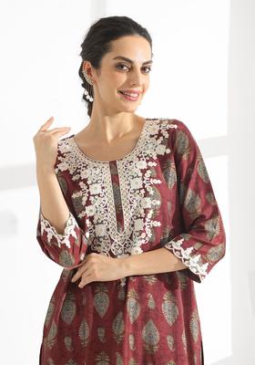 Rust Printed Viscose Kurta Set