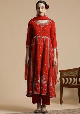 Red Embroidered Viscose Anarkali Set