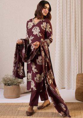 Maroon Printed Silk Blend Kurta Set