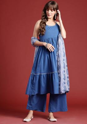 Navy Blue Solid Cotton Kurta Set