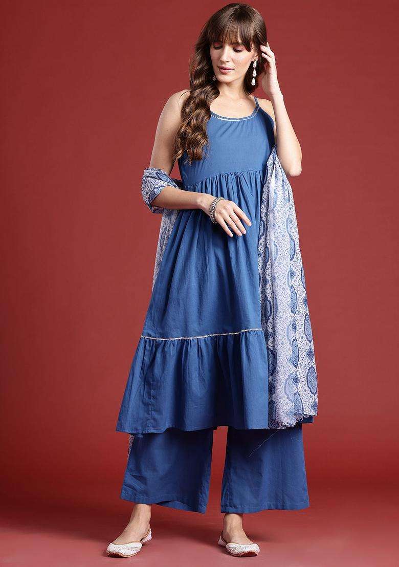 Navy Blue Solid Cotton Kurta Set - Indya