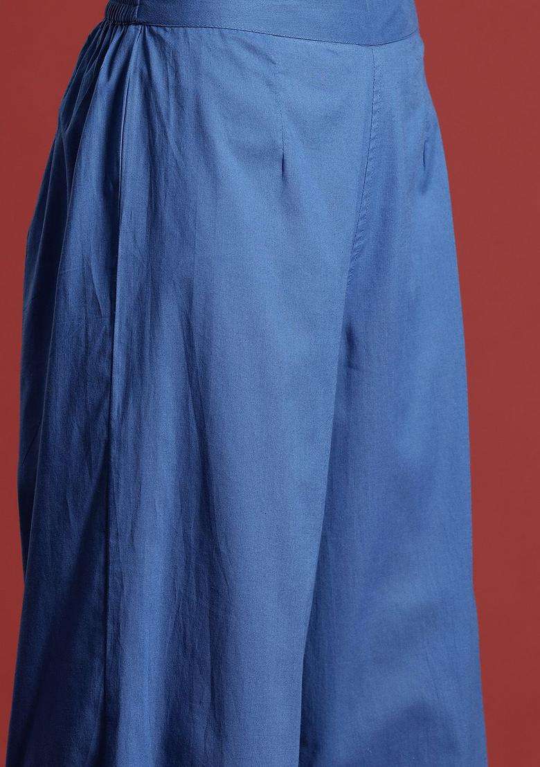 Navy Blue Solid Cotton Kurta Set - Indya