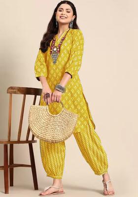 Mustard Printed Cotton Kurta Set