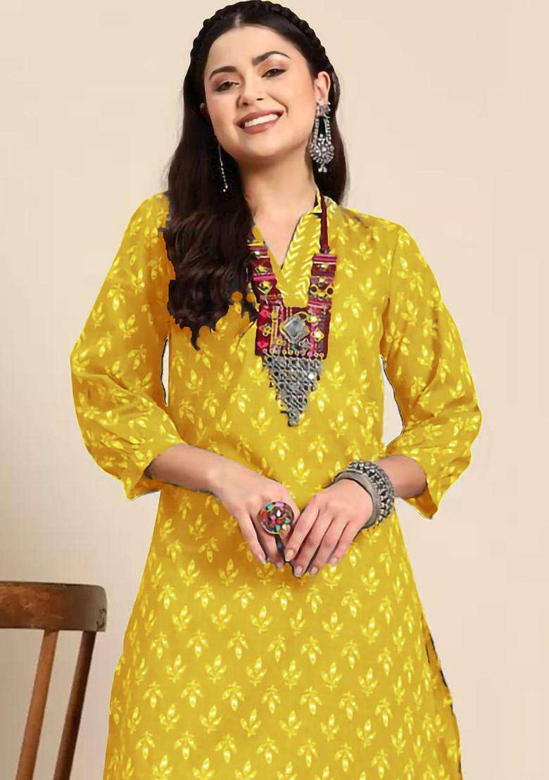 Mustard Printed Cotton Kurta Set - Indya