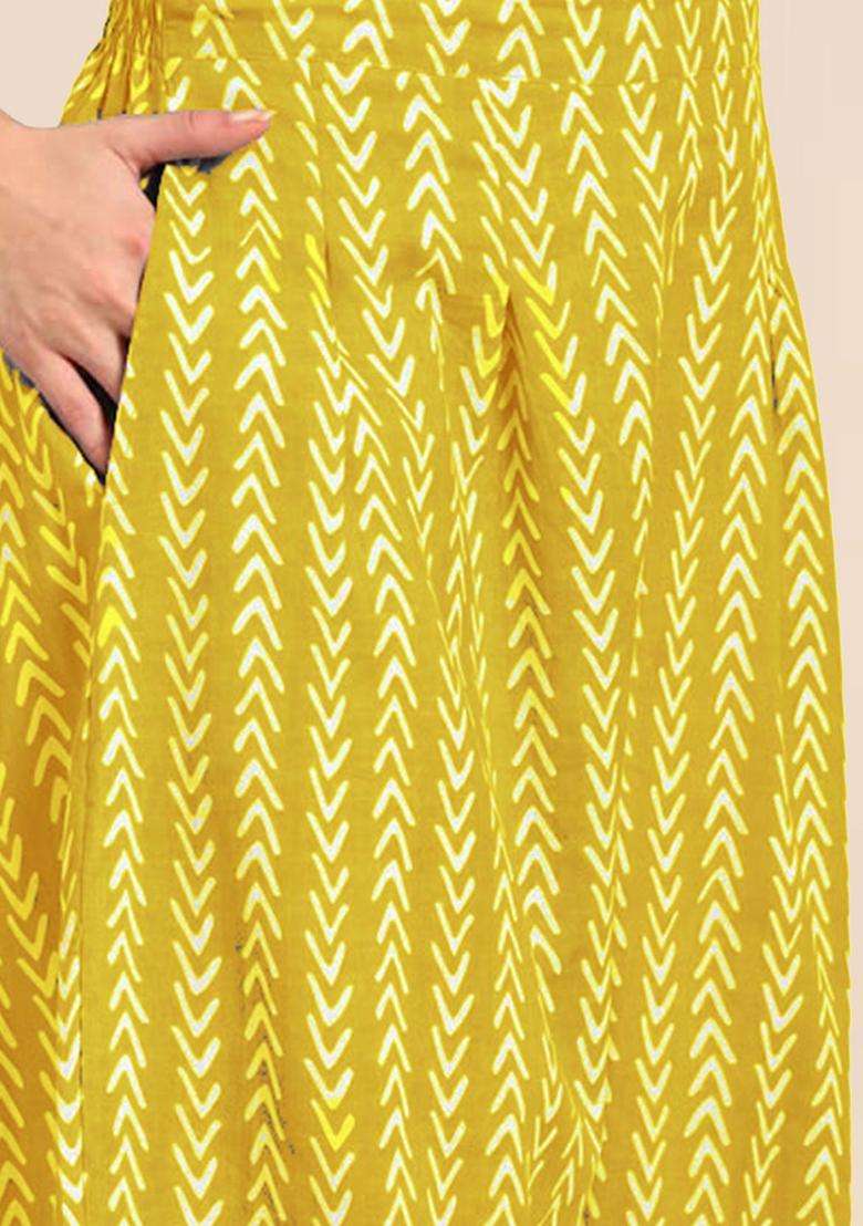 Mustard Printed Cotton Kurta Set - Indya