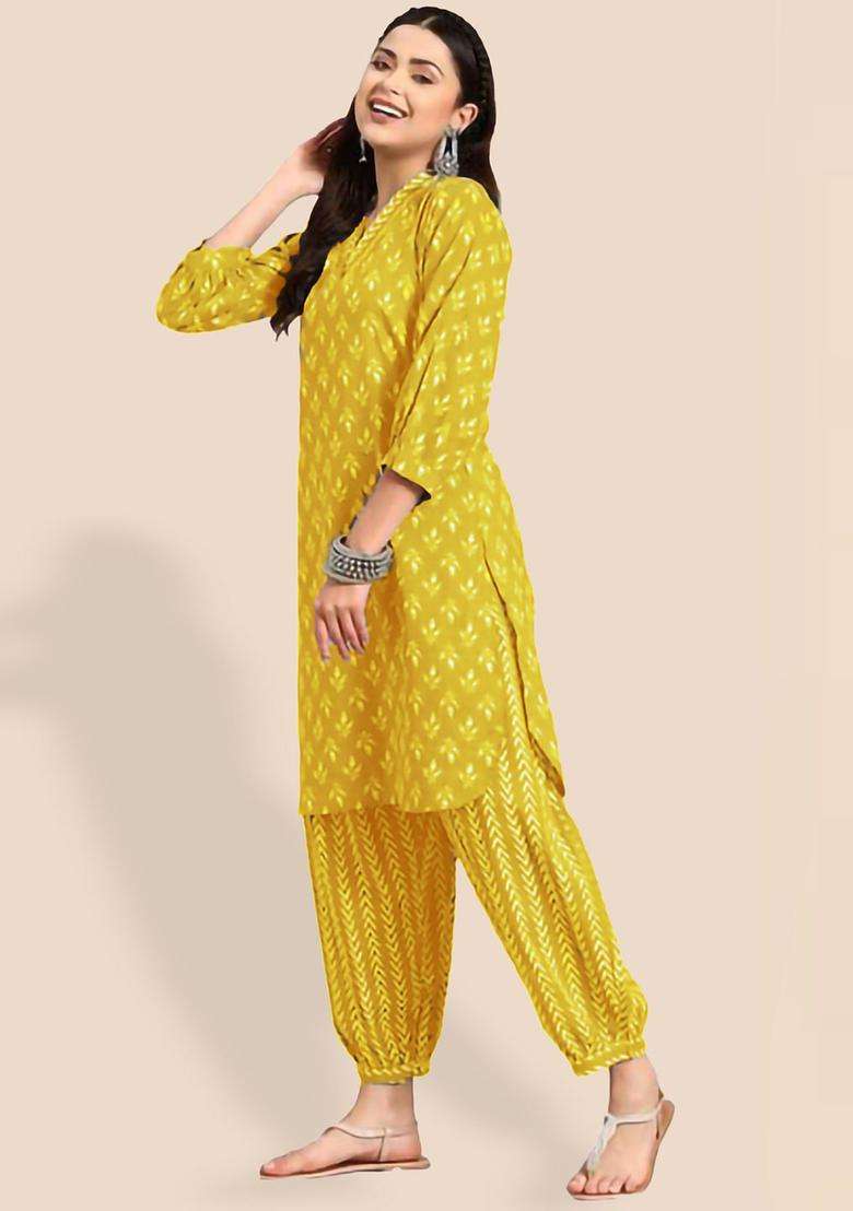 Mustard Printed Cotton Kurta Set - Indya