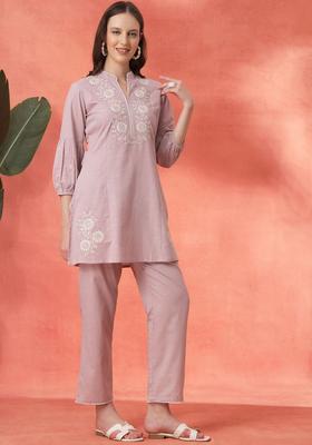 Lavender Embroidered Cotton Kurta Set