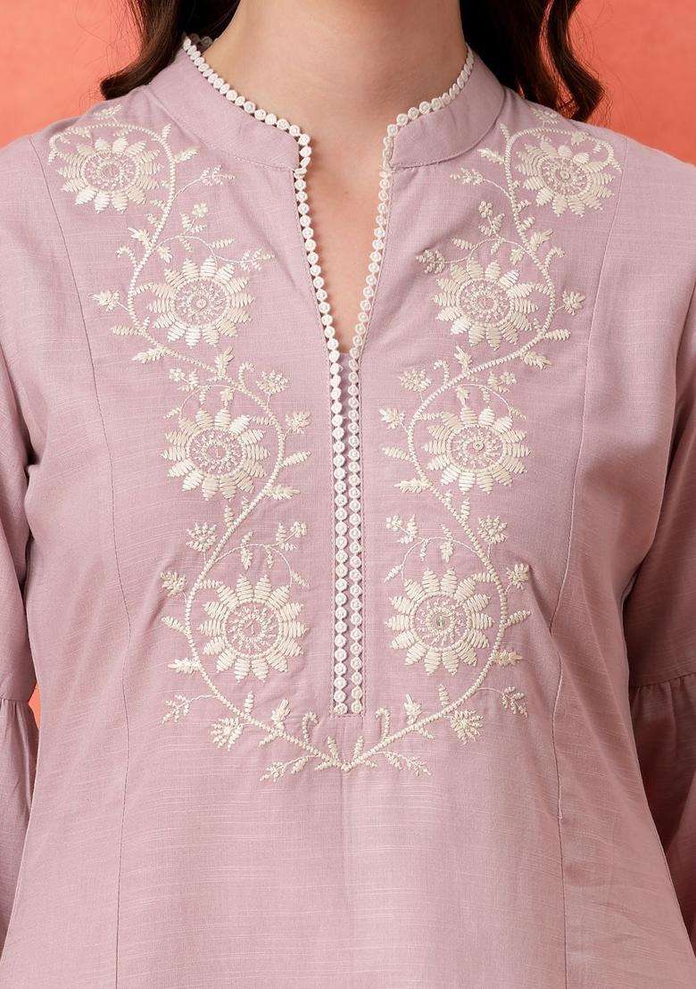 Lavender Embroidered Cotton Kurta Set - Indya