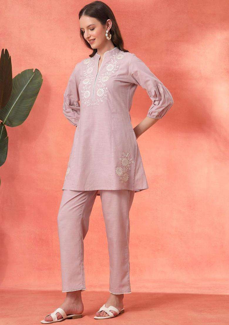 Lavender Embroidered Cotton Kurta Set - Indya