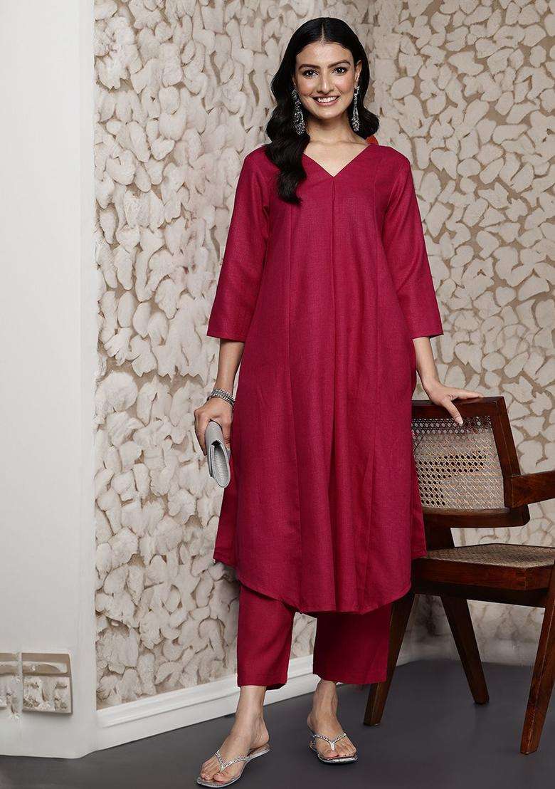 Magenta Solid Cotton Kurta Set - Indya