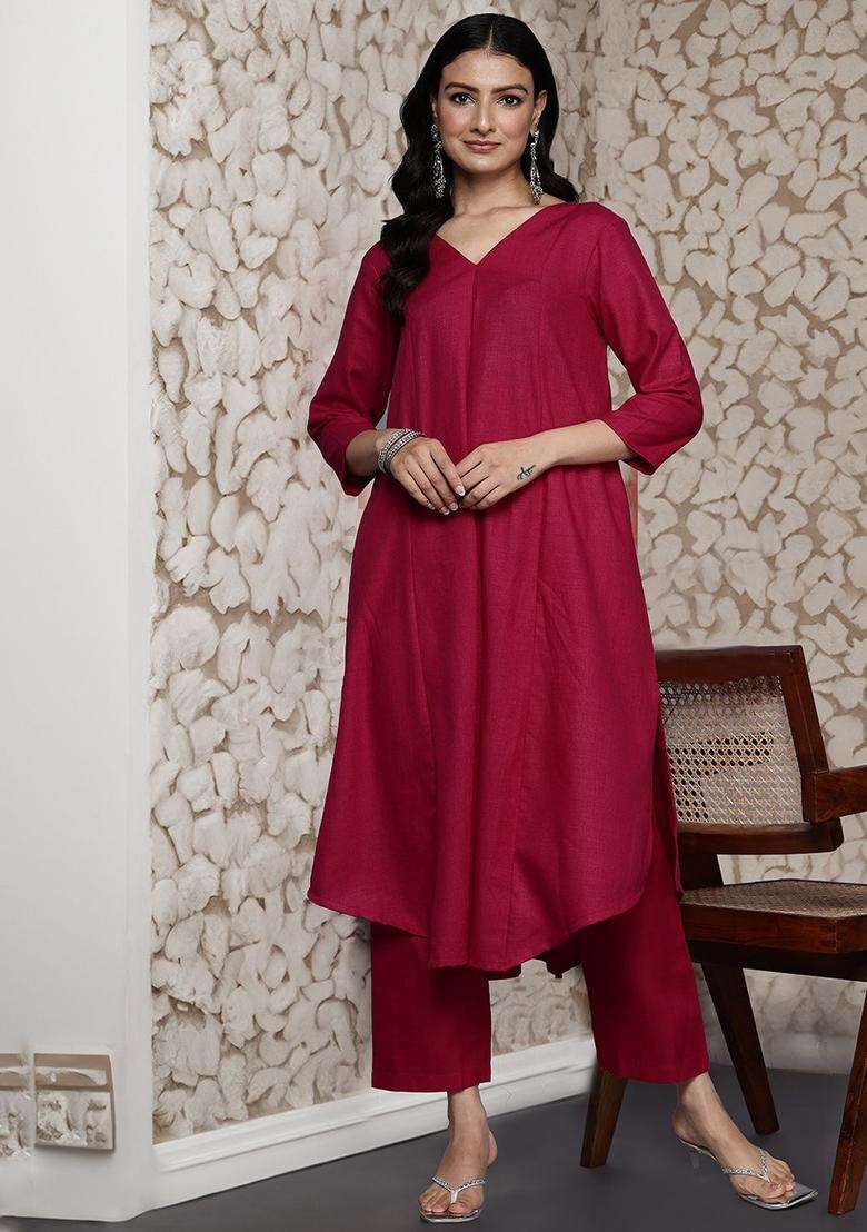 Magenta Solid Cotton Kurta Set - Indya
