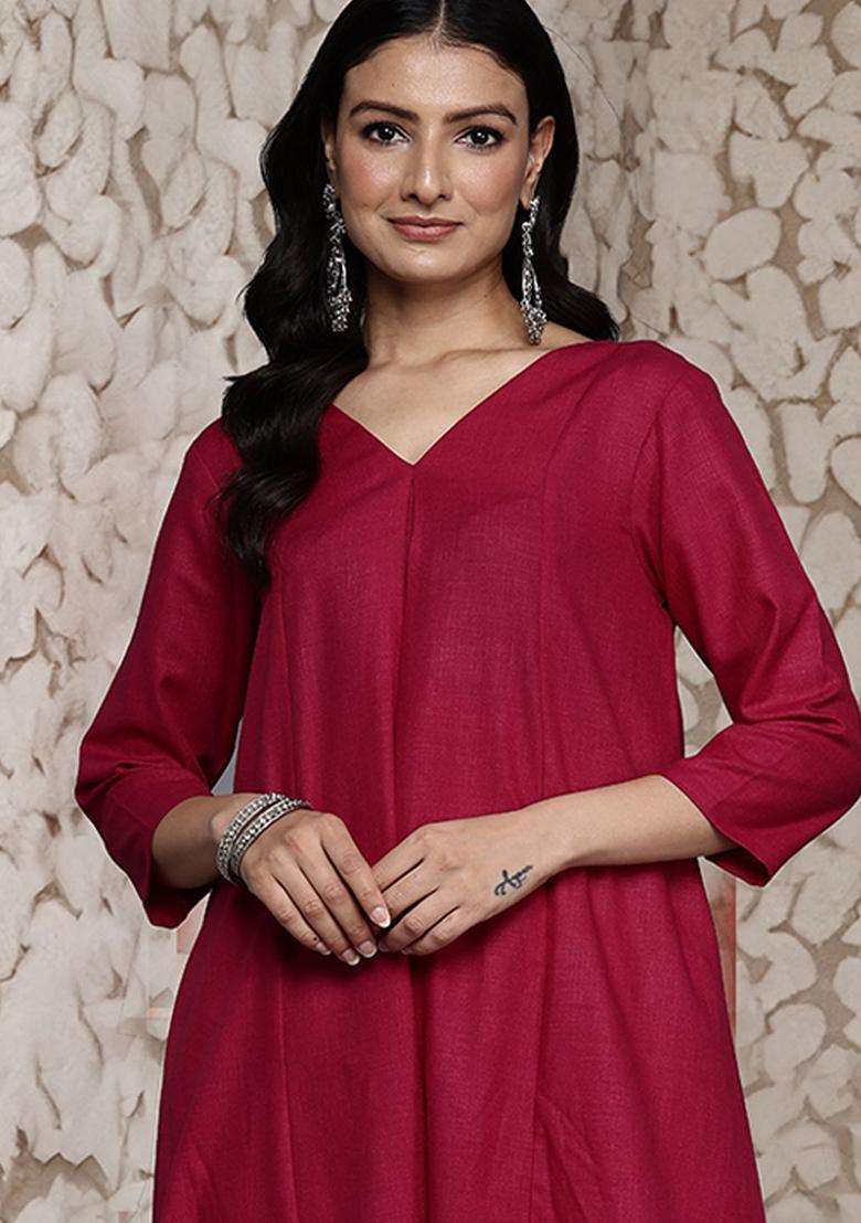 Magenta Solid Cotton Kurta Set - Indya