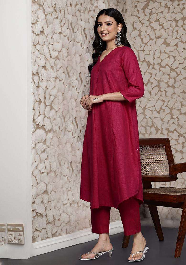 Magenta Solid Cotton Kurta Set - Indya