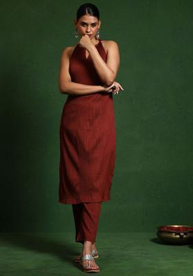 Red Solid Silk Blend Kurta Set