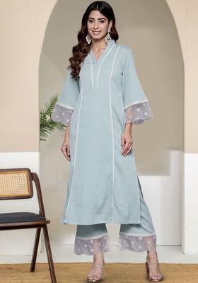 Turquoise Blue Solid Silk Kurta Set