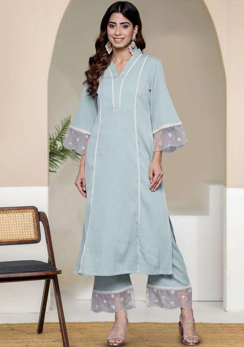 Turquoise Blue Solid Silk Blend Kurta Set - Indya