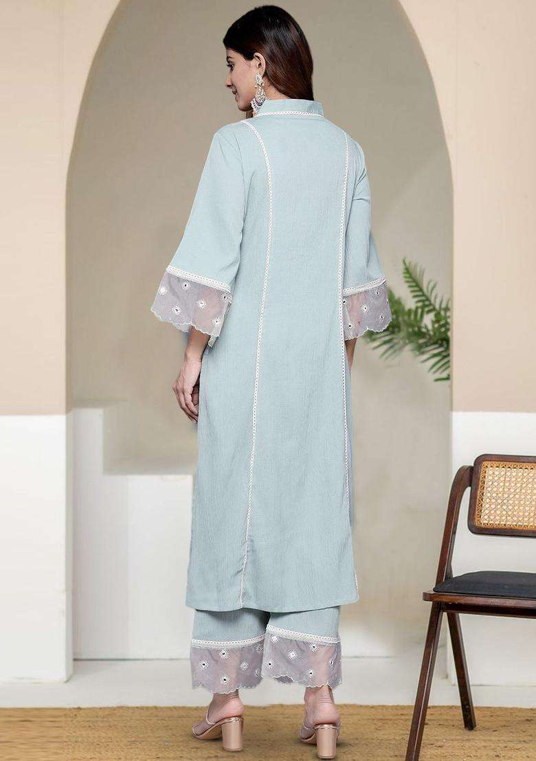 Turquoise Blue Solid Silk Blend Kurta Set - Indya