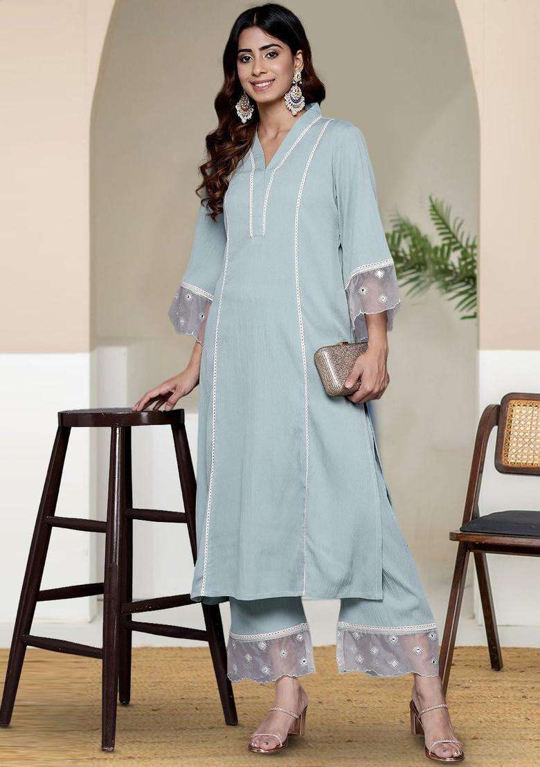 Turquoise Blue Solid Silk Blend Kurta Set - Indya