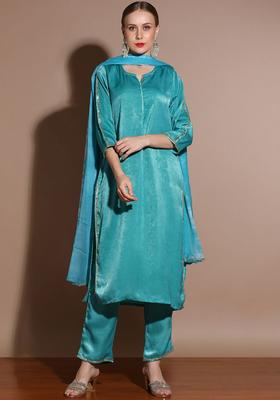 Turquoise Blue Solid Silk Kurta Set