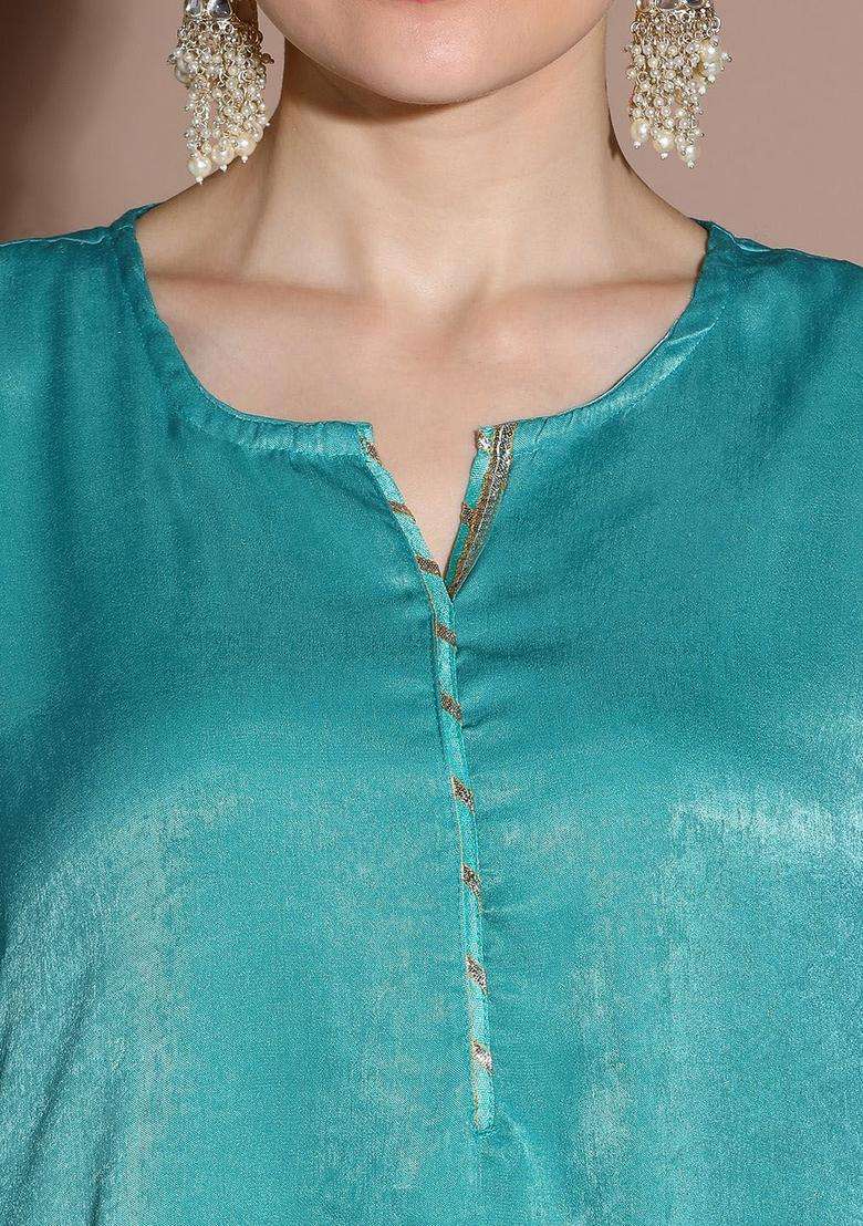 Turquoise Blue Solid Silk Blend Kurta Set - Indya