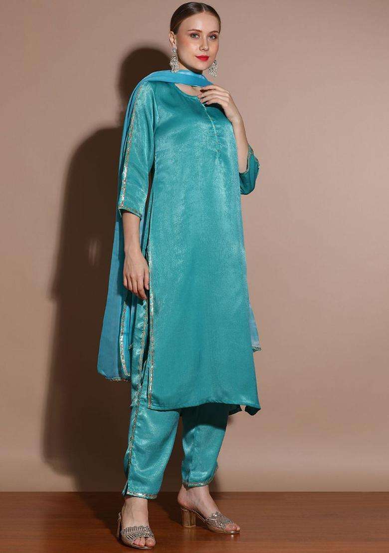 Turquoise Blue Solid Silk Blend Kurta Set - Indya