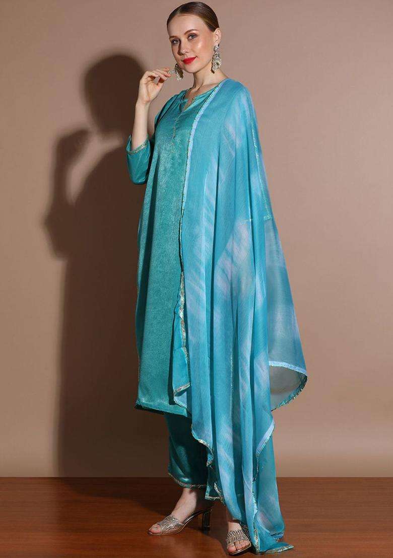 Turquoise Blue Solid Silk Blend Kurta Set - Indya