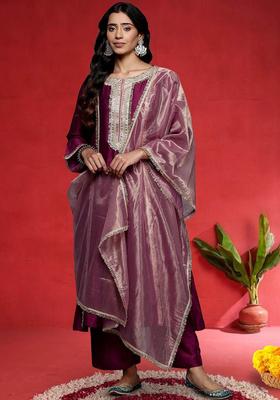 Purple Yoke Design Silk Blend Kurta Set