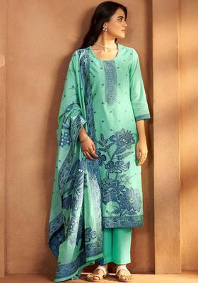 Sea Green Printed Silk Blend Kurta Set