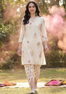 Off White Printed Viscose Kurta Set